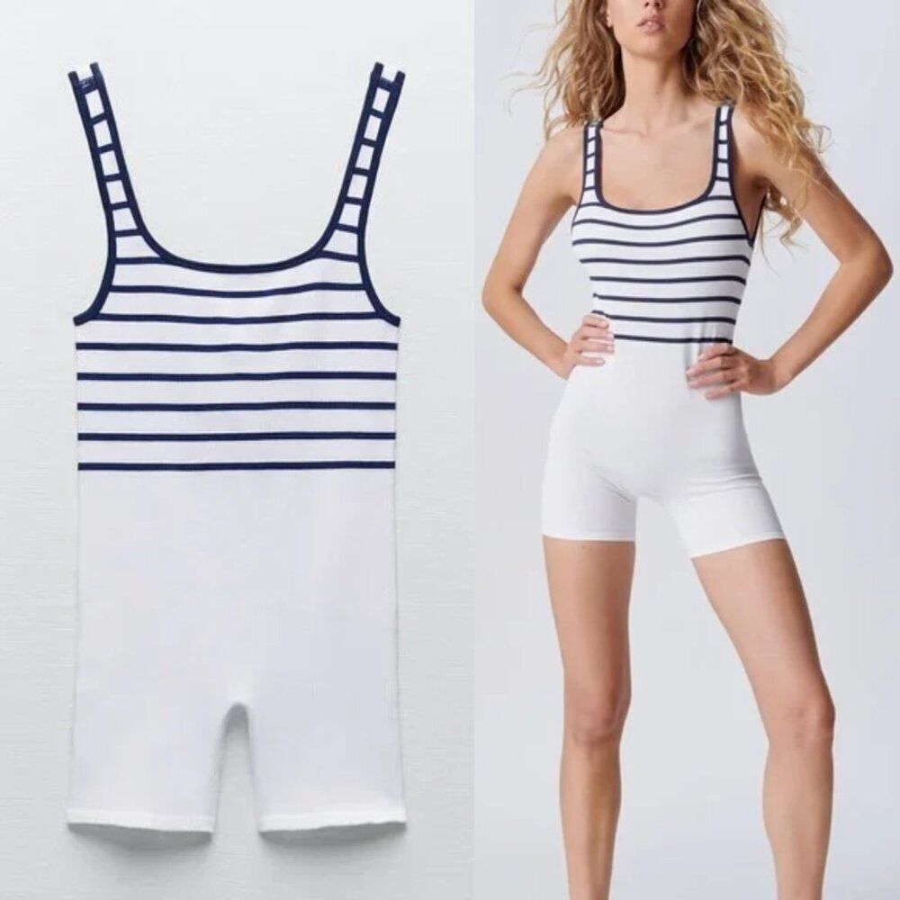 ZARA Ribbed Seamless Striped Jumpsuit Romper Size XS/S in Blue White